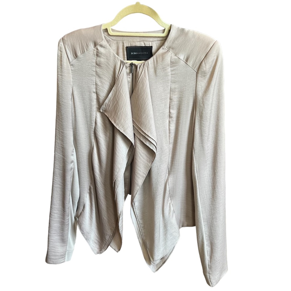 BCBG shimmery tan silk jacket wavy zipper women's size S